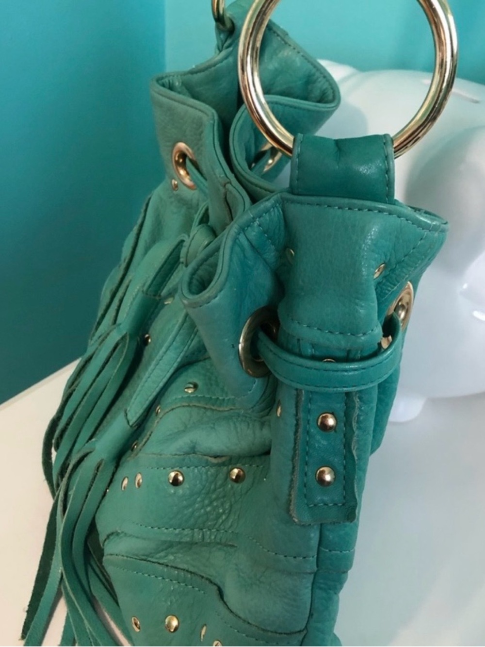 BULGA Teal leather boho Bag with Gold Eyelets - Picture 5 of 8
